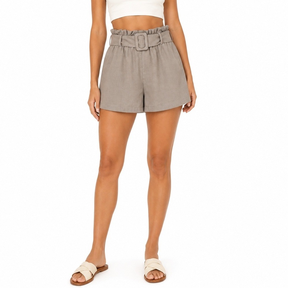 HAVE Paperbag Waist Solid Linen Blend Shorts Taupe Coastal Boho Size M